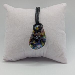 Multicolor Hand Crafted Glass Pendant Necklace On 20" Faux Leather Chord.